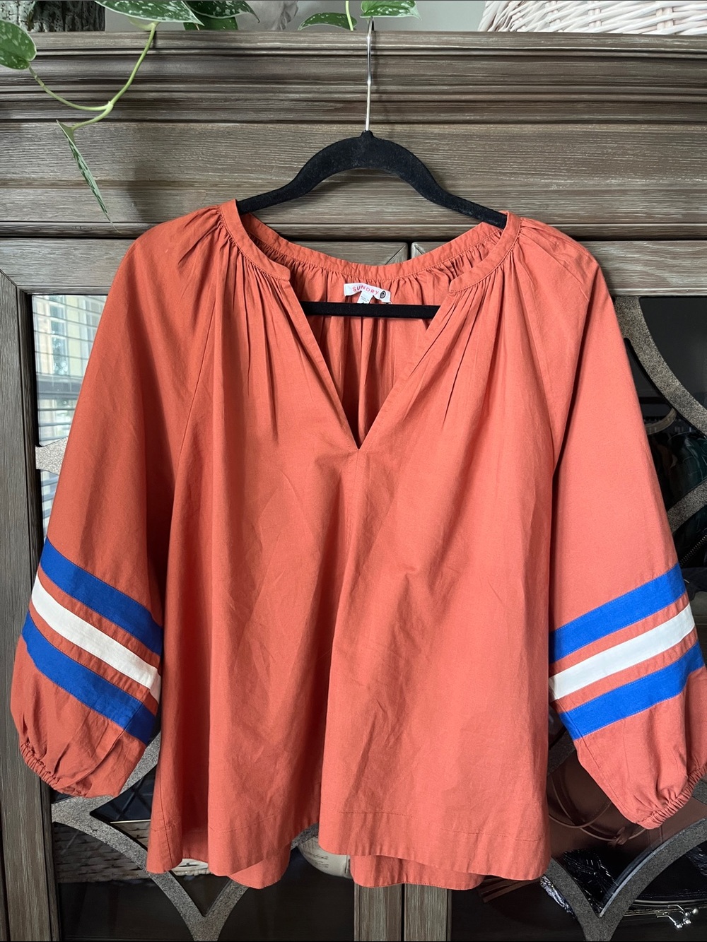 Sundry Rust 100% Cotton NWOT Blouse with Blue & White Sleeve Stripes